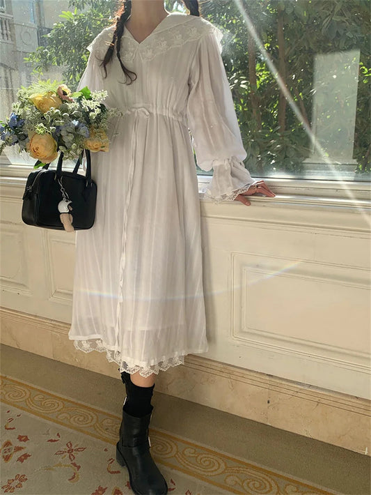 White Flare Sleeve Long Dress Lace Sweet Vneck Slim Cotton New Spring Office Lady Florals Gentle