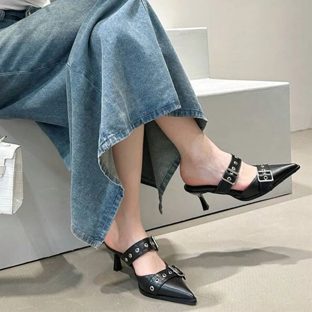 Pumps Belt Buckle Pointed Toe Black High Heel Mule Summer Slides Half Slipper Shoes for Big Size 43