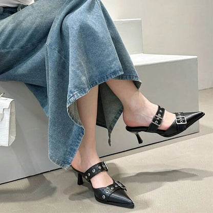 Pumps Belt Buckle Pointed Toe Black High Heel Mule Summer Slides Half Slipper Shoes for Big Size 43