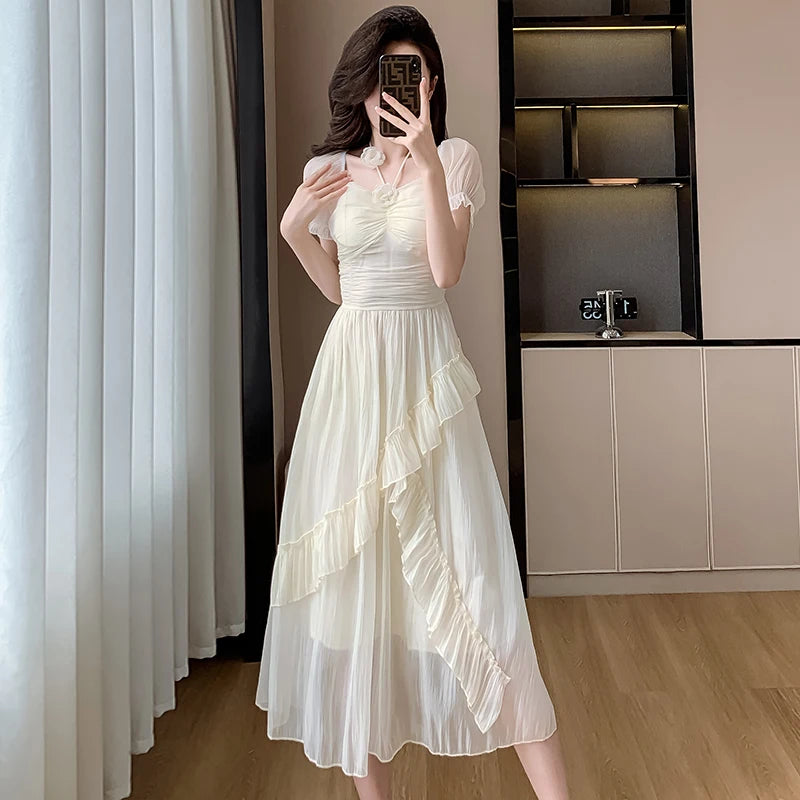 Summer French Midi Dresses New Folds Ruffle Party Robe Fairycore Neck Mounted Lady Maxi
