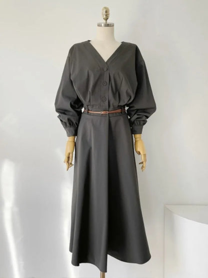 Korean V-neck Midi Dresses for With Belt Long Sleeve A-line Office Lady Autumn New Female Clothing
