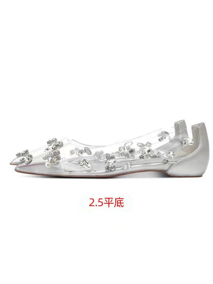 Transparent Rhinestone Pointed Ballet Shoes Design Sense Simple High Heels Silver Design Flats
