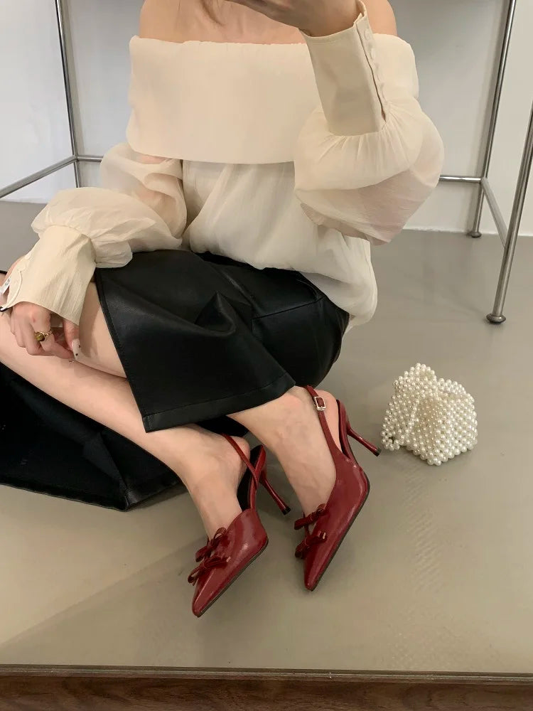 Spring Butterflyknot Buckle Strap Pumps Pointed Toe Thin High Heels Party Wedding Shoes