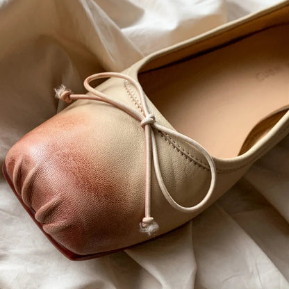 Genuine Leather Pleated Sqaure Toe Sliponn Ballet Flats Soft Comfortable Female Four Season Ballerianns Single Shoes