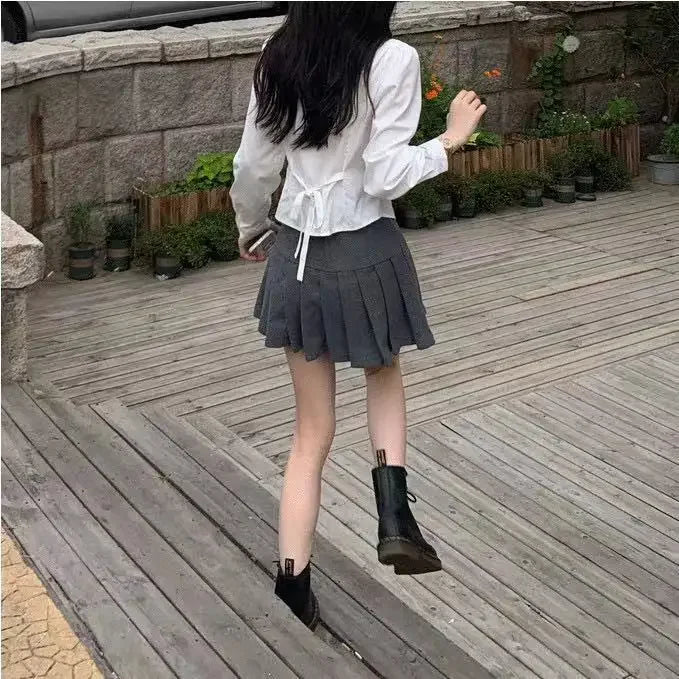 White Bandage Shirt Slim Long Sleeve Top School Uniform Basic Blouse Female Polo Neck