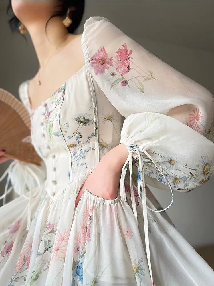 Vinatge Long Dresses Spring Summer French Aline Beach Dress Lantern Sleeve Evening Party Prom Robe Vestidos