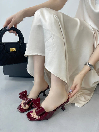 Patent Leather Butterfly Knot Slippers Square Toe Summer Sandals Low Thin Heels Mules Slides Shoes Size 39