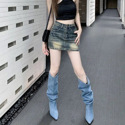 Embroidery Denim Half Skirt Summer Skirt Water Wash Elastic Wrap Hip Short Skirt