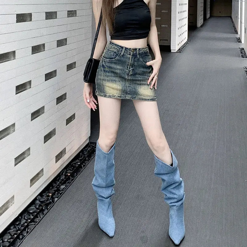 Embroidery Denim Half Skirt Summer Skirt Water Wash Elastic Wrap Hip Short Skirt