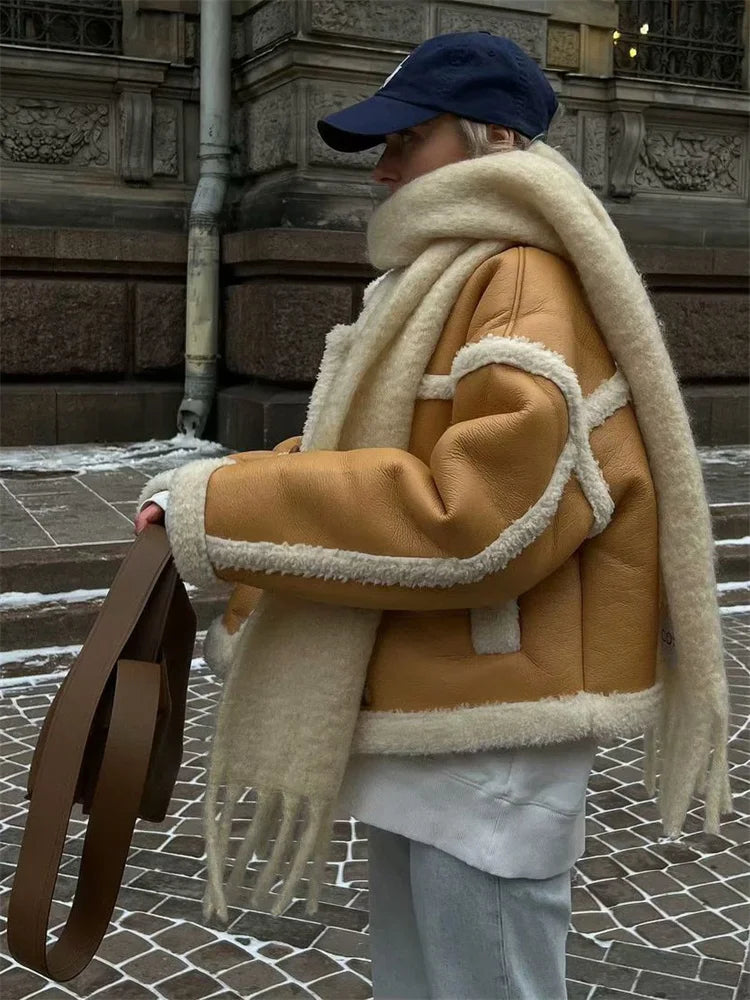 Pu Lapel Fluffy Oversized Sweater Outwear Winter Pocket Patchwork Contrast for Coat New