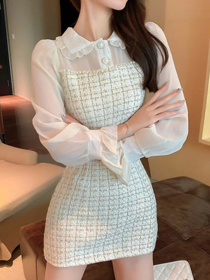 Plaid Mini Dress Sweet Flare Long Sleeves Chiffon Patchwork Birthday Party Short Dresses Female Clothing New