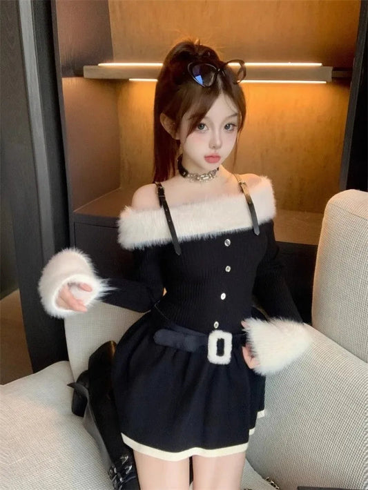 Knitted Dresses Autumn Winter Long Sleeve Slash Neck Slim Mini Dress Party Female