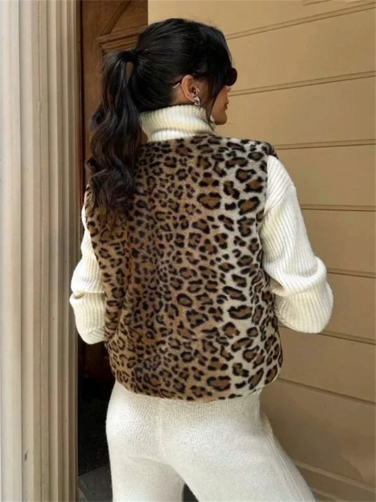Leopard Printed V-neck Vestidos Coat Female Contrast Printed Cropped Top Loose Autumn Commute Outwear Cardigan