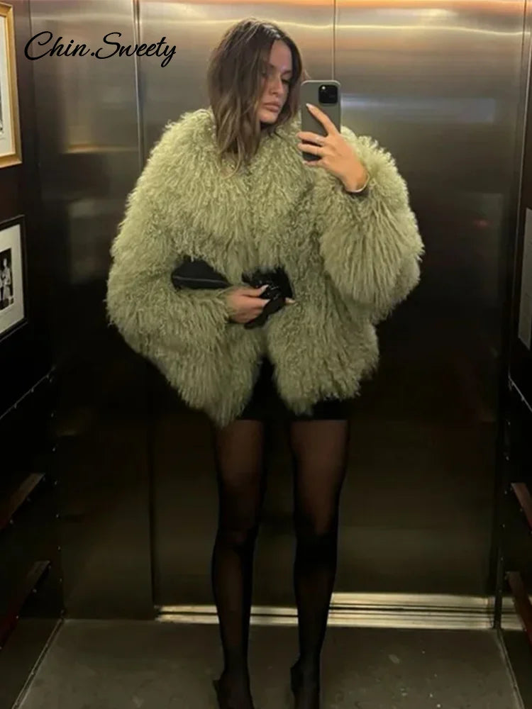 Fluffy Faux Fur Jacket Coat Oversize Long Sleeve Lapel Plush Overcoat Winter Lady Thicken Warm Outwear