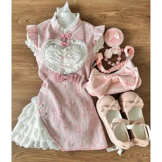 Sweet and Girl Retro Chinese Style Printed Design Improved Cheongsam Dress Slim Mini Dress Cos Apron Set Clothing