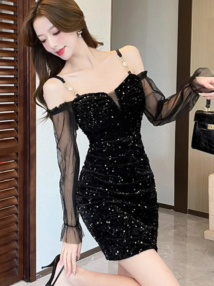 Sequins Velvet Dresses Korean Off Shoulder Slash Neck Slim Evening Party Mini Dress Female Short Vestidos Clothes
