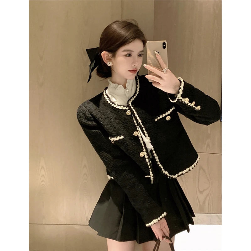 Tweed Jackets Black Cropped Suit Coat Korean Thicken Blazer Single Breasted Short Outerwear Tops New