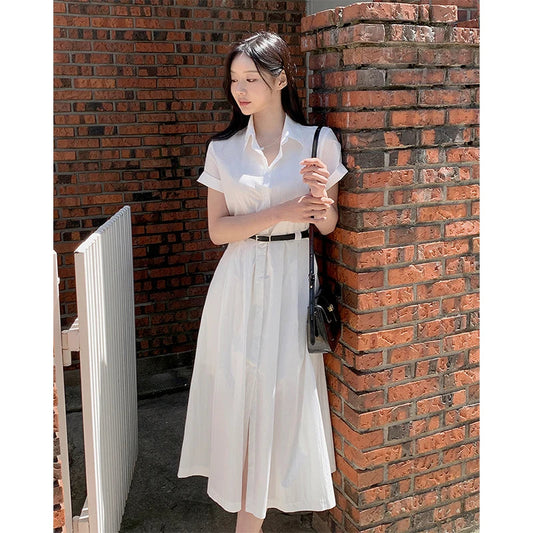 White Midi Dress With Belt Short Sleeve Shirts Dresses Summer Korean Aesthetic Single Breasted Vestidos