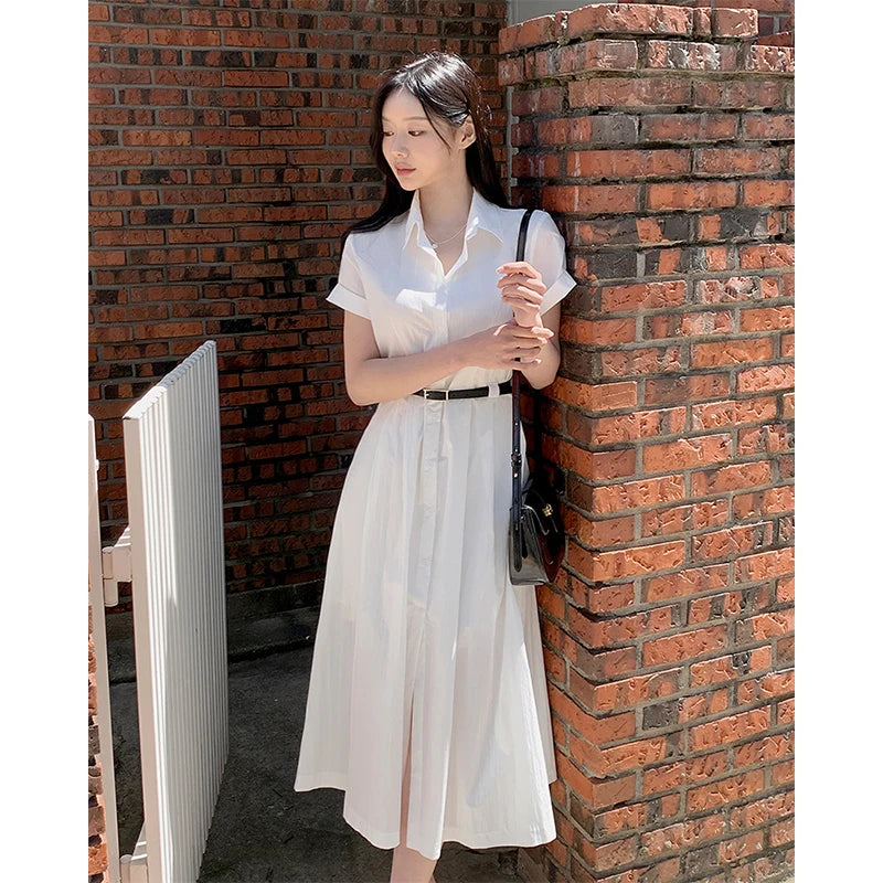 White Midi Dress With Belt Short Sleeve Shirts Dresses Summer Korean Aesthetic Single Breasted Vestidos