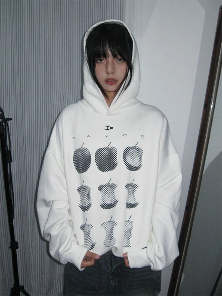 American Retro Fruit Print Hoodies High Street Apple Graphic Top Harajuku Oversized Design Aesthetics