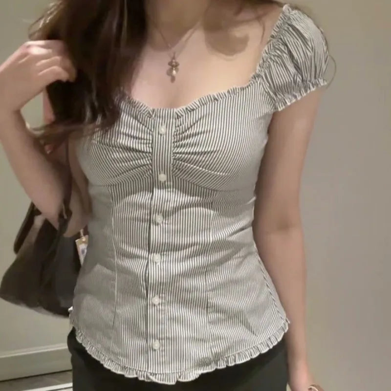 Y2k Stripes Ruffle Blouse