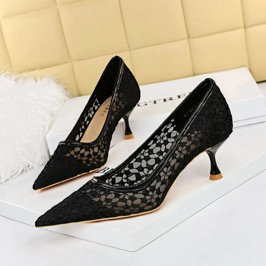 Summer Shoes Banquet Shoes Fine Heel High Heel Pointed Headed Mesh Hollow Lace Shoes