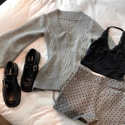 Vneck Gray Allmatch Knitted Pullover Autumn New Bottoming Tops Y2k Slimfit Long Sleeve Sweaters Mujer