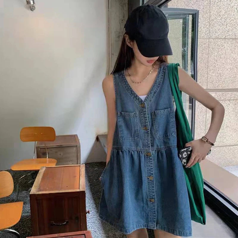 Biyaby Sleeveless Strap Dress Summer Singlebreasted Pockets Denim Dresses Woman Korean Style Loose a Line Mini Dress