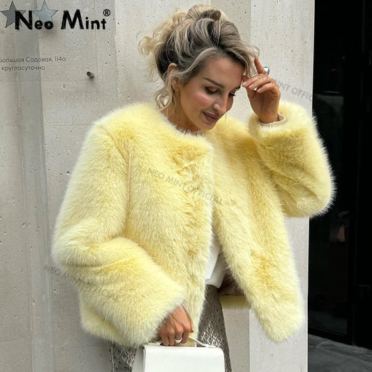 Cool Street Winter Fluffy Fox Fur Jacket Round Neck Faux Fur Coat Thick Warm Outerwear