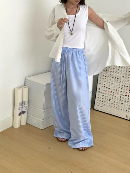 Korean Summer Age Reducing Temperament Elastic Waist Drawstring Loose Versatile Striped Pants Floor