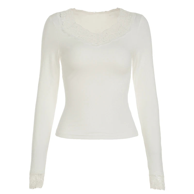 Sweet Lace Trim V-neck ��s Top Long Sleeve Balletcore Slim Autumn New T-shirt All-match Basic