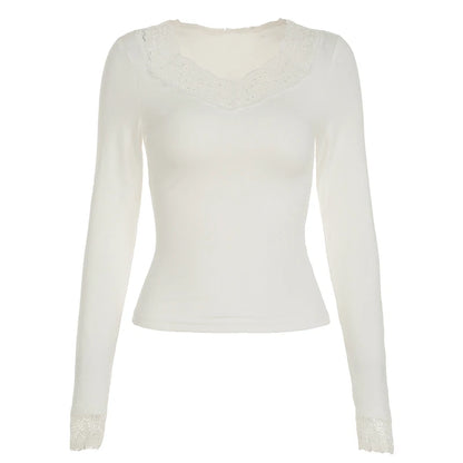 Sweet Lace Trim V-neck ��s Top Long Sleeve Balletcore Slim Autumn New T-shirt All-match Basic