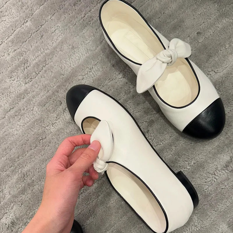 Shallow Mouth Mary Jane Shoes for Bow Flat Single Shoes French Retro Small Leather Shoes