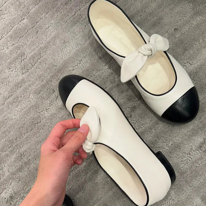Shallow Mouth Mary Jane Shoes for Bow Flat Single Shoes French Retro Small Leather Shoes