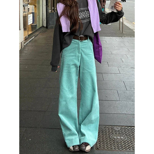 Striped Corduroy Wide Pants Plain High Rise Straight Loose Draped Long Trousers Korean Autumn Clothes
