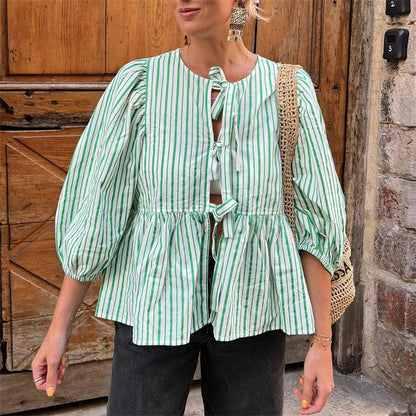 Y2k Shirts Aesthetic Clothes Color/stripe 3/4 Sleeve Tie Up Cardigan Tops 2000s Blouse