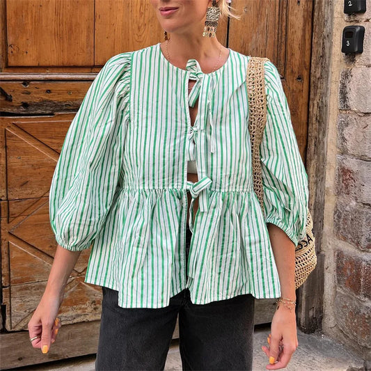 Y2k Shirts Aesthetic Clothes Color/stripe 3/4 Sleeve Tie Up Cardigan Tops 2000s Blouse