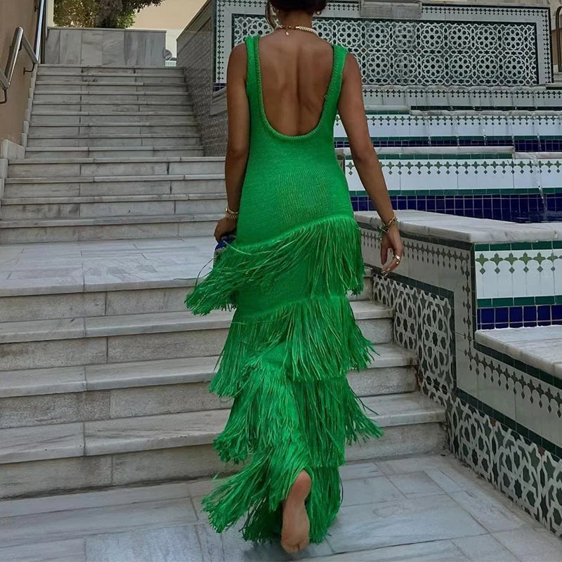 Backless High Waist Knitted Dresses Oneck Slim Tassel Dress Hollow Sleeveless Tight Long Dress