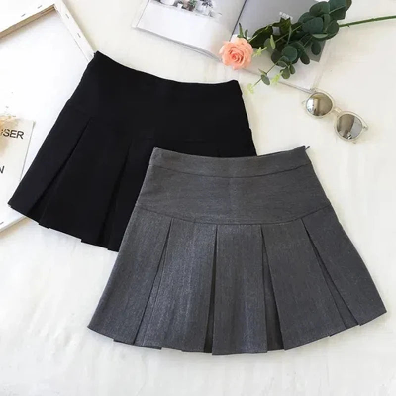 Harajuku Pleated Skirt High Waist Black Mini Skirts Korean Preppy School Uniform All Match a Line Skirt
