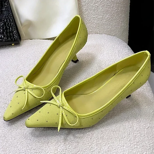 Rhinestone Bow Decoration Pumps Pointed Toe Satin Thin High Heels Banquet Shoes Mules Loafers