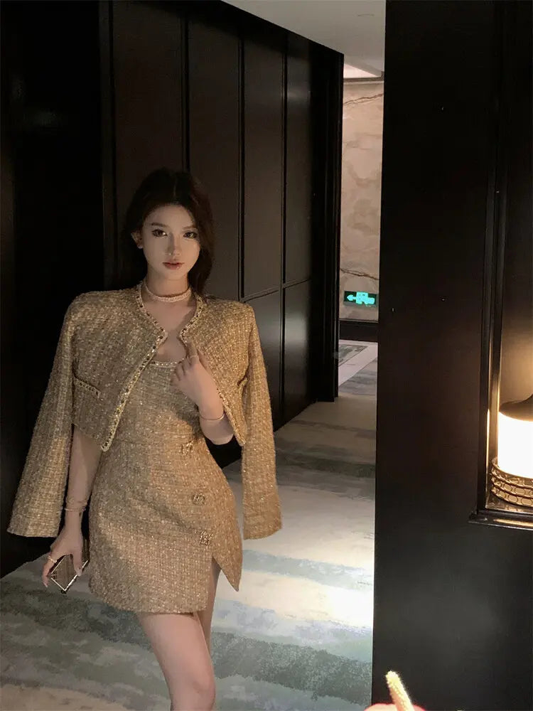 Gold Tweed 2 Piece Suit Jacket for Autumn Winter Designers Wool Coat + Strap Mini Dress Korean