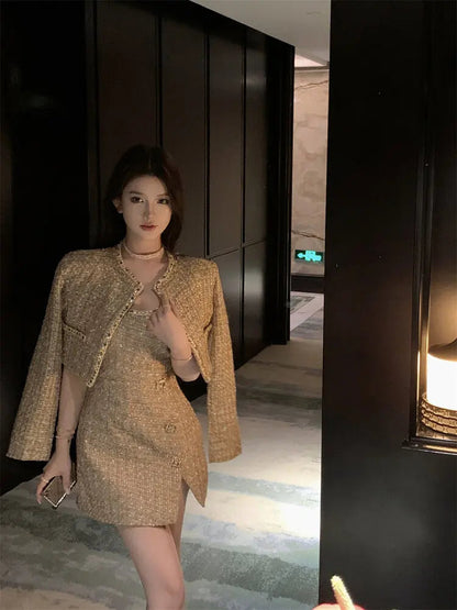 Gold Tweed 2 Piece Suit Jacket for Autumn Winter Designers Wool Coat + Strap Mini Dress Korean