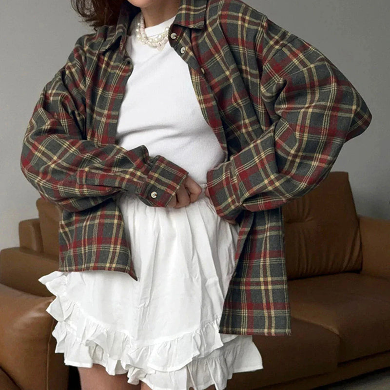 Classic Plaid Shirts for Spring Autumn Single Breasted Long Sleeve Blouse Outerwear Loose Blouses