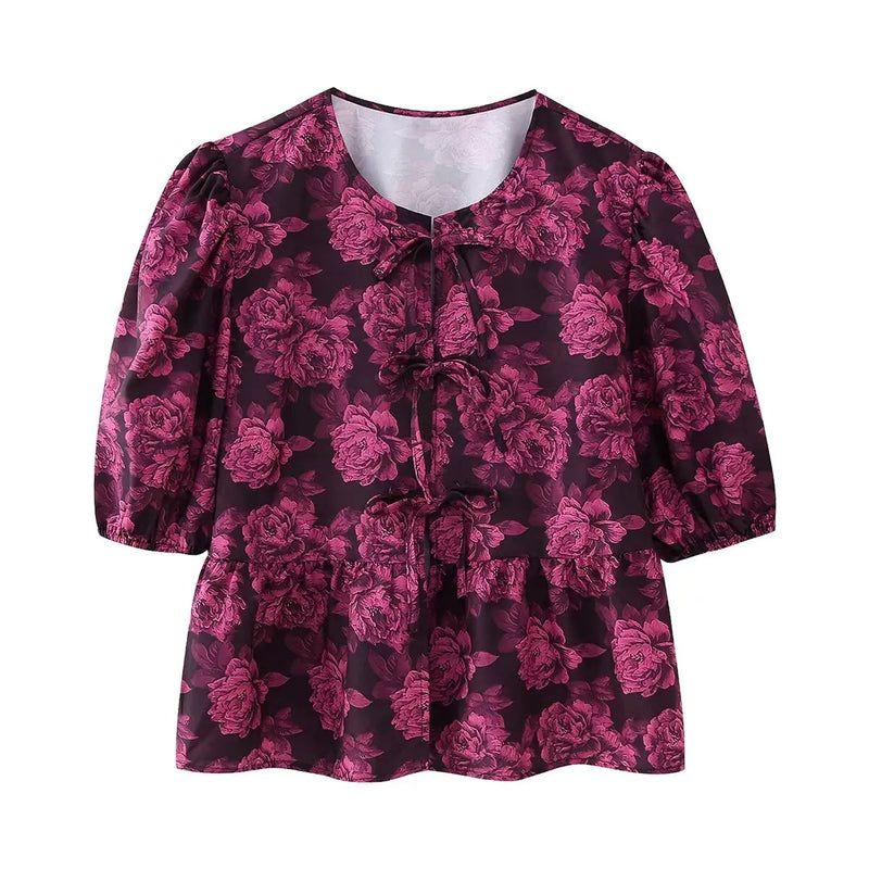 Summer Printed Cropped Shirts Top Puff Short Sleeves Round Neck Blouse Female Laceup Tshrit
