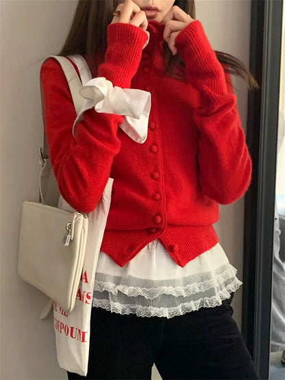 Red Sweaters Knitted Loose Daily All Match Autumn Cardigans New Gentle Sweet