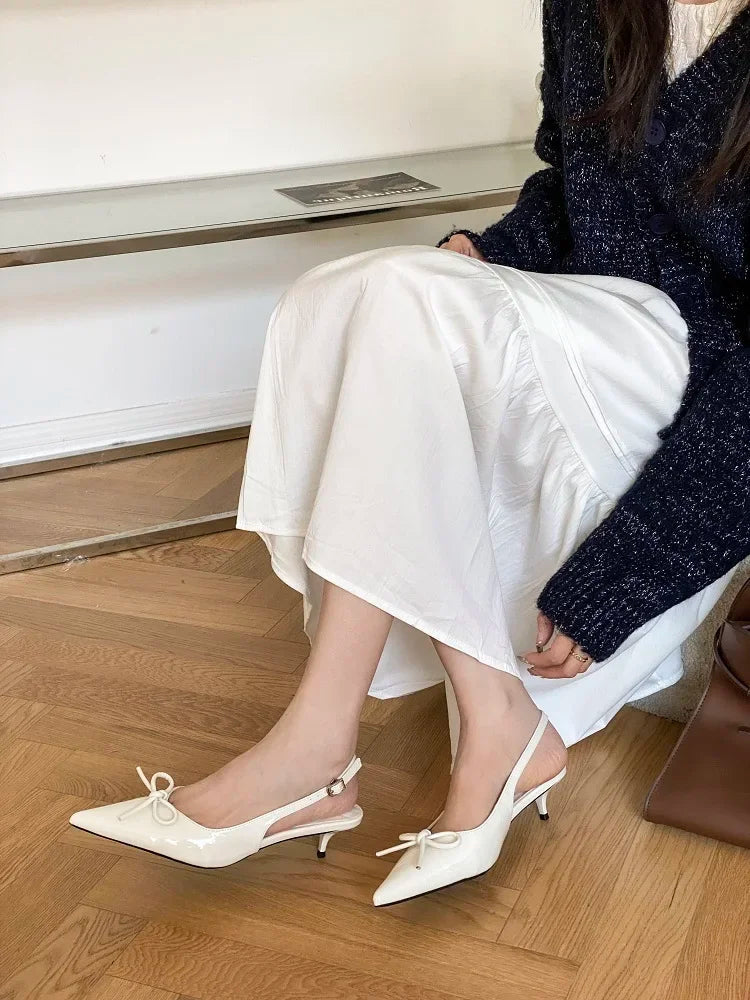 New Style Thin Low Heels Butterflyknot Woman Pumps Pointed Toe Buckle Strap Party Wedding Female Shoes
