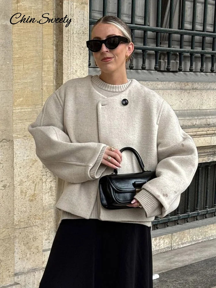 Woolen Blend Jacket for Button O-neck Long Sleeve Coat New Autumn Winter Commute Warm Outwear