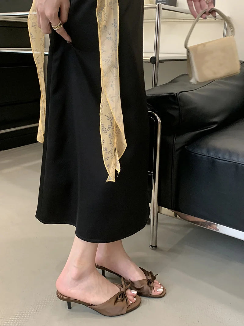 Summer Silk Butterfly Knot Slippers Sandals Shallow Open Toe Thin Low Heels Mules Slides Shoes Zapatos Mujer