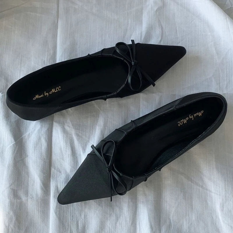 Satin Pleated Bow Flat Shoes Pointed Toe Brand Design Party Dress Shoes Comfortable Shallow Pumps