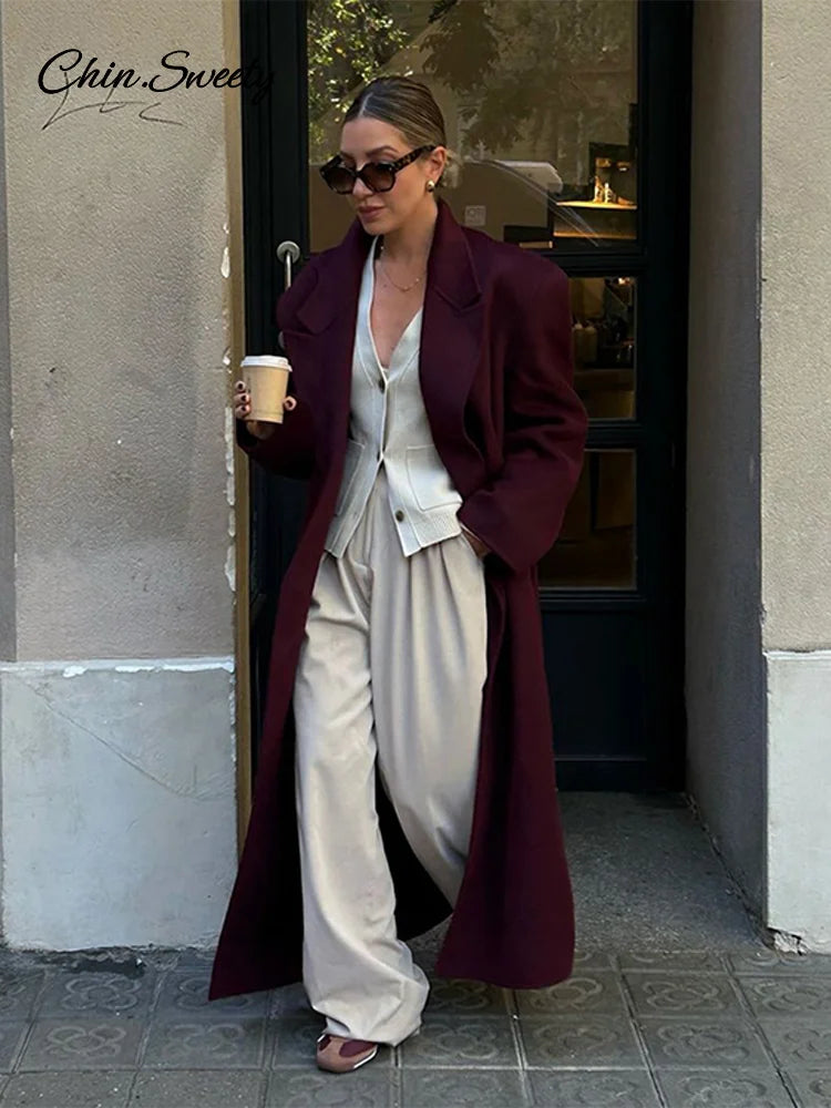 Burgundy Red Woolen Long Coat Oversized Shoulder Pads Full Sleeve Double Breasted Overcoats Autumn Lady